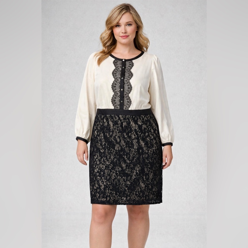 New York & Company Romantic Ivory Satin Dress With Black Embroidery Lace Size 14